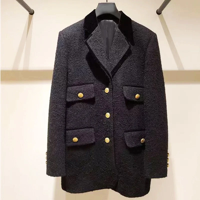 

2023 Spring New High Quality Black Women Clothing Texture Wool Single Breasted Trim Elegant Suit Coat Franch Pairs Brand Sand