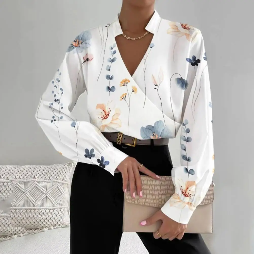 

Блузка женская с цветочным принтом, удобный элегантный модный офисный топ с воротником-стойкой, V-образным вырезом и длинным рукавом, осень