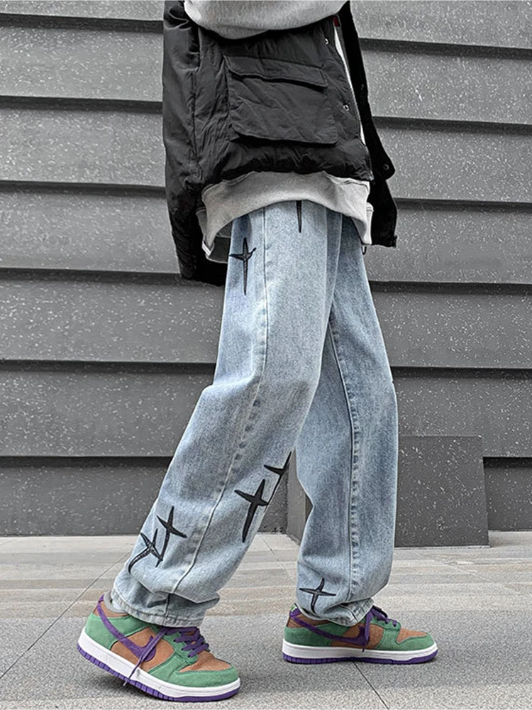 Embroidered Jeans Men Straight Loose Wide-leg Pants Spring and Autumn Korean Fashion High Street Hip Hop Style Male Trousers