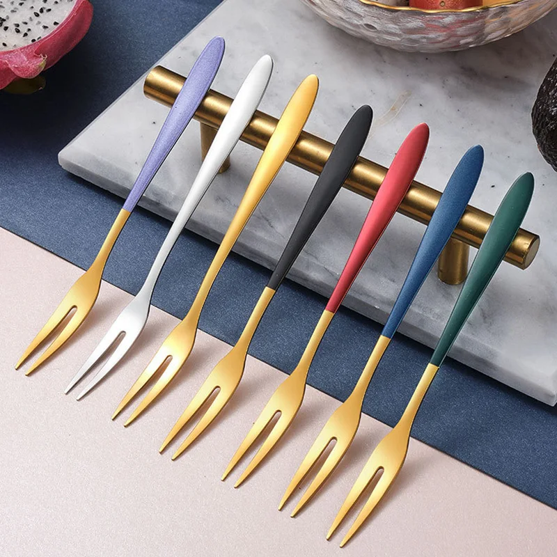 

Stainless Steel Fruit Fork Snack Cake Dessert Prong Tableware Kitchen Supplies Cafeteria Home Small Portable Dinnerware Supplies