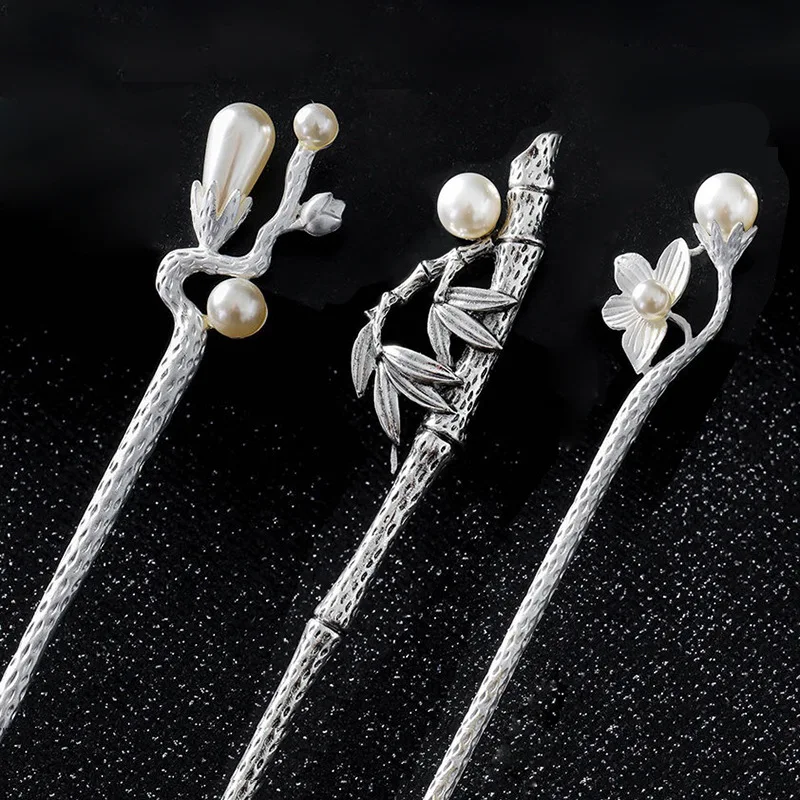 

Women Girls Flower Imitation Pearl Vintage Ponytail Hair Sticks Clip Pin Accessories Hanfu Bride Headwear