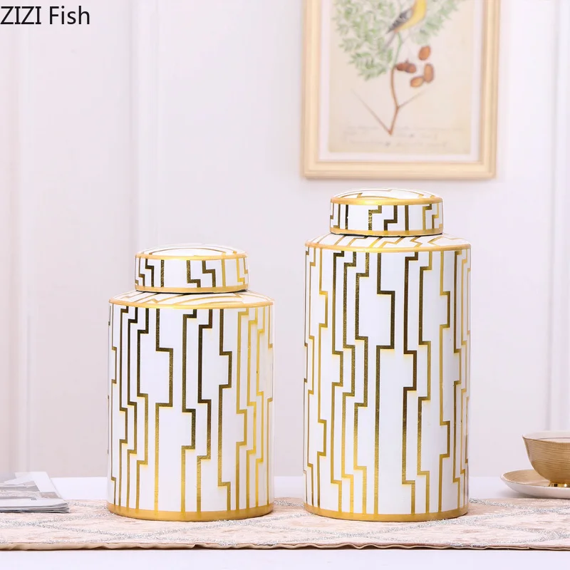 

Керамическая Настольная Ваза, декоративный резервуар для хранения, ремесла, кабинет для гостиной, креативный подарок, узор из белого золота с крышкой, бутылка для хранения