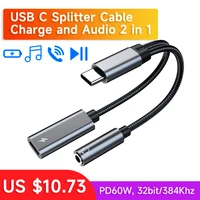USB Type C Charge Audio Adapter 60W PD Fast charging separator splitter cable 3.5mm jack and charge dac for samsung xiaomi ipad