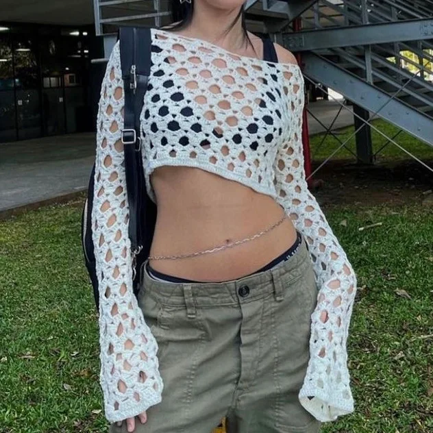 

Women Knitted Crop Tops Sexy Solid Color Long Sleeve Hollow Out Slim-Fit Pullover, Casual Simple Style Tops 2023 Latest Fashion