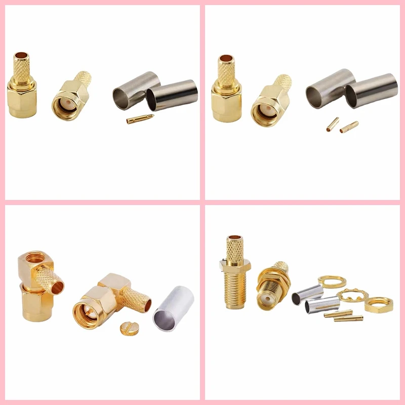 SMA RPSMA Male Plug Female Jack Coax Connector Right Angle Crimp for RG58 LMR195 RG400 RG142 Cable Gold Plated Brass Copper