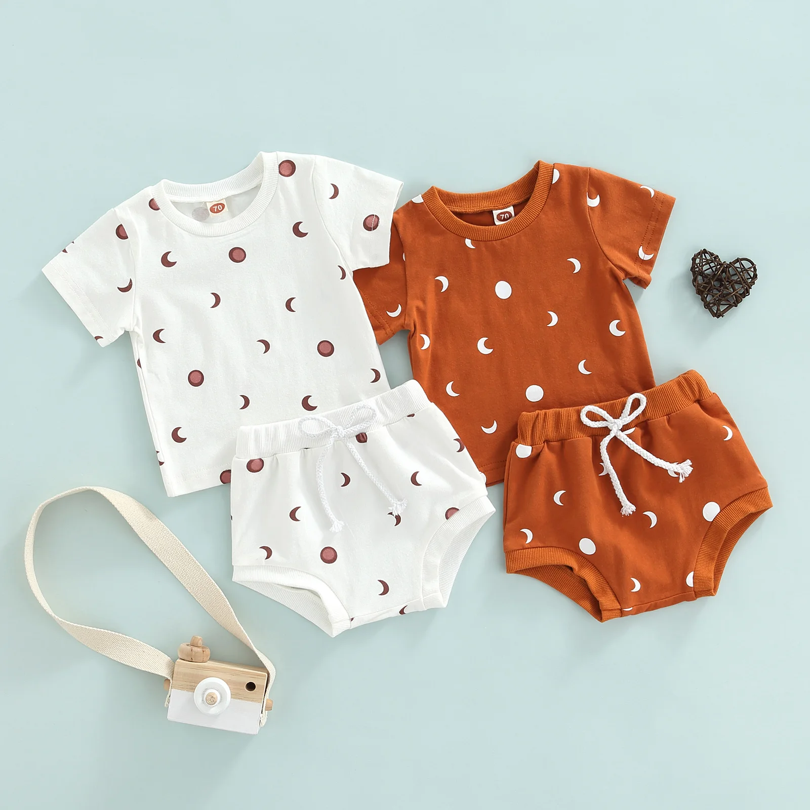 

2Pc Baby Boys Girls Clothing Outfit Toddler Summer Sun Moon Printing Round Collar Short Sleeve Tops Drawstring Shorts Casual Set
