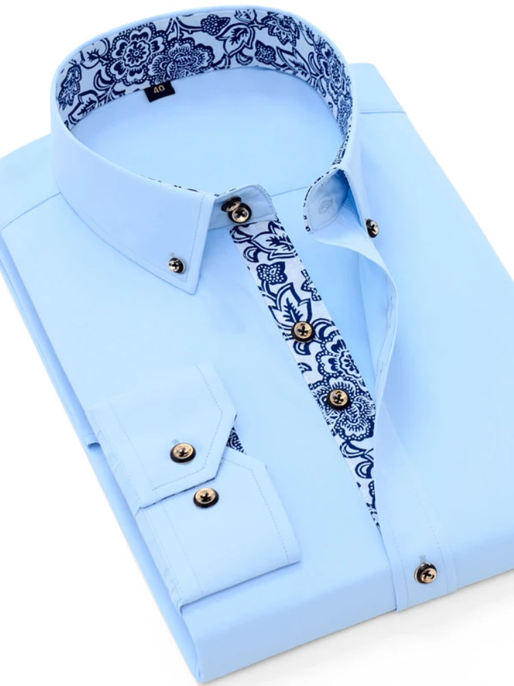 2022 New Korean Version Slim Long-sleeved Tshirt Middle-aged and Young Business Casual Blue and White Porcelain Men's Shirt