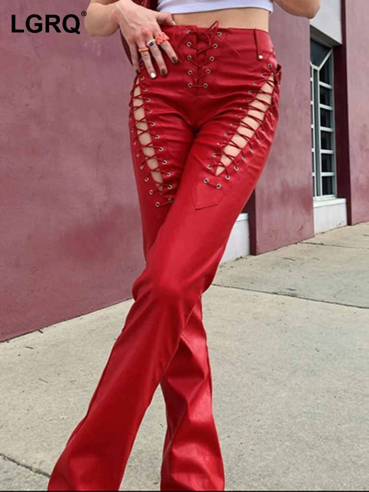 

Женские прямые брюки-карго LGRQ, однотонные брюки из искусственной кожи с высокой талией и вырезами, весна 2023