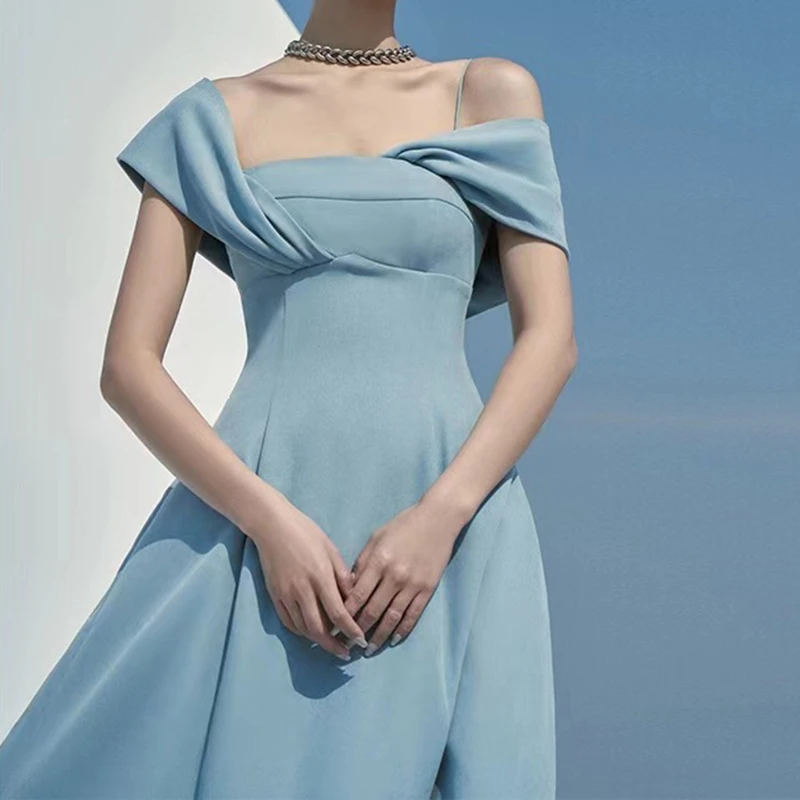 

Blue Strapped Dress Women 2023 Asymmetry Diagonal Collar Elegant Long Party Vestido Ladies Sleeveless Asymmetric Womens Clothing