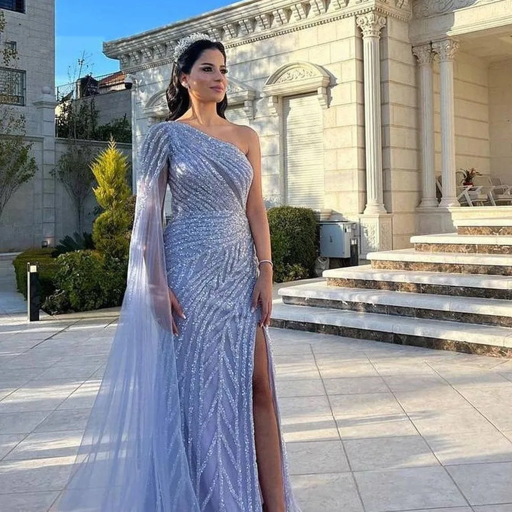 

2022 Glitter Evening Dresses One Shoulder Sequins Beaded Long With Train Women Pageant Party Prom Gowns Side Split