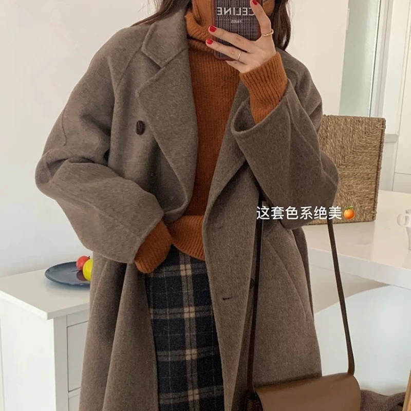 

Женское двубортное шерстяное пальто, классическое элегантное двубортное пальто ручной работы, средней длины, Осень-зима 2022