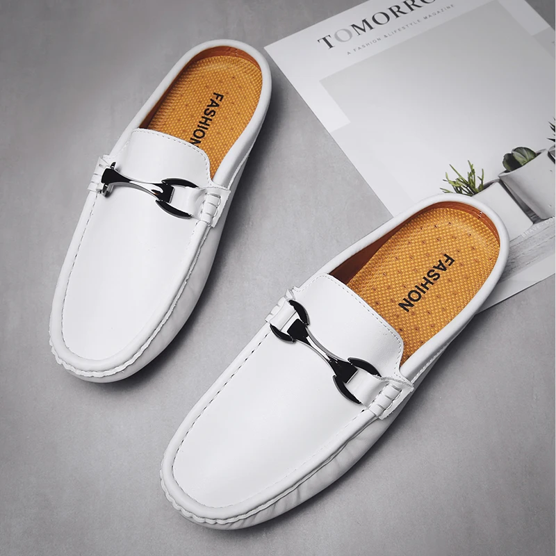 

Anti-slip Summer Half Slippers Men's slip-on Genuine Leather Mules Breathable Outdoor flats Casual half shoes for men Moccasins