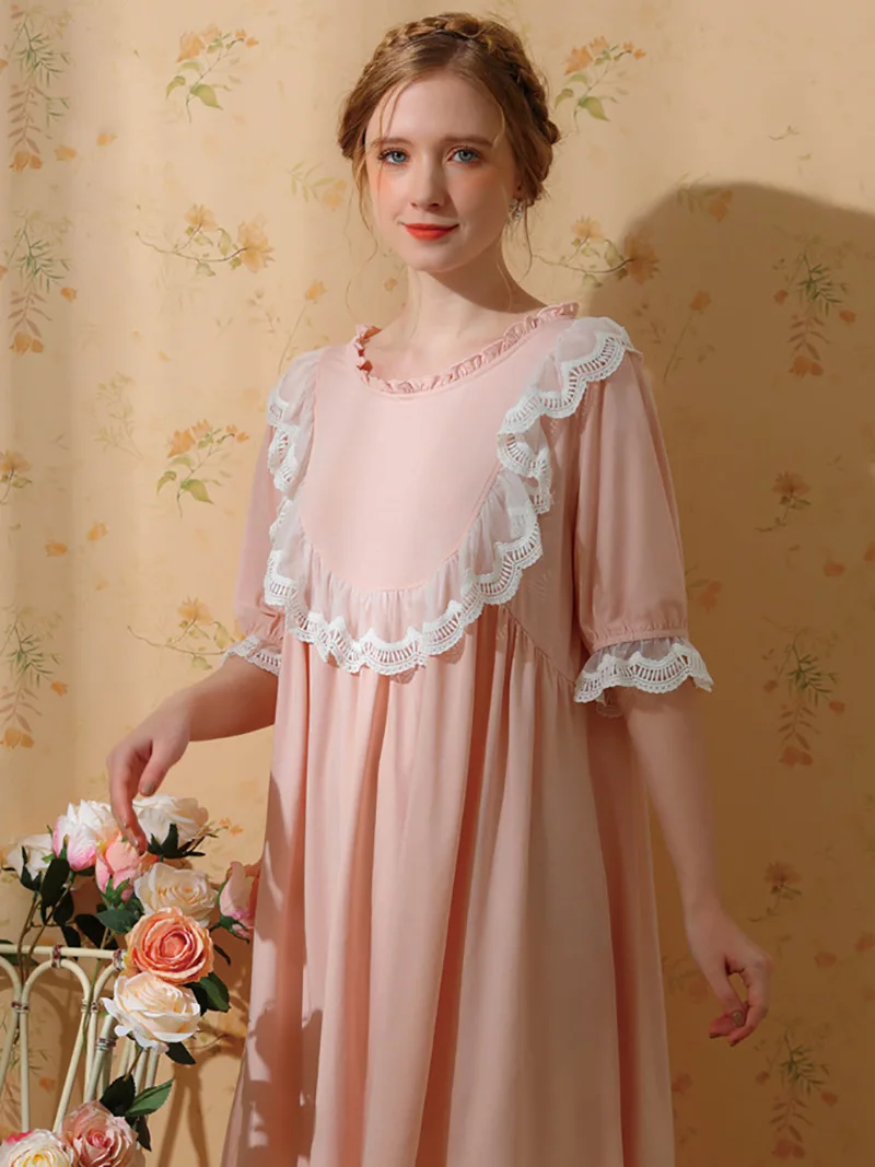 Women Princess Pajamas Girls Short Sleeve Cotton Doll Lolita Sweet Cute French Vintage Nightdress Fairy Victorian Home Sleepwear