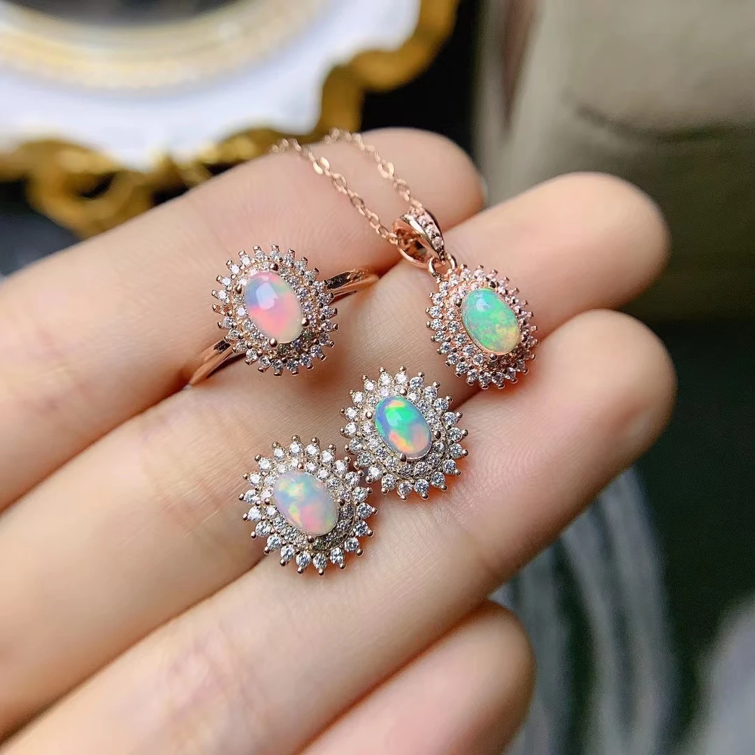 

MeiBaPJ Natural Opal Gemstone Sun Flower Earrings Ring and Necklace 3 Pcs Suits for Women Real 925 Sterling Silver Fine Jewelry