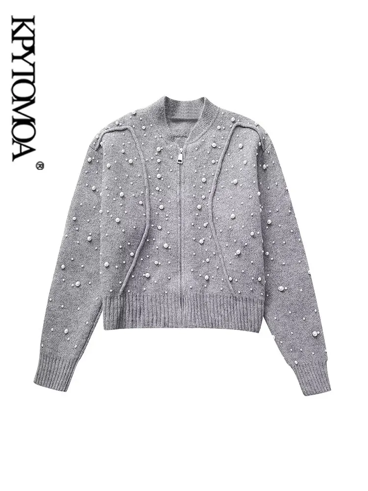 

KPYTOMOA Women Fashion With Faux Pearls Knit Bomber Cardigan Sweater Vintage Long Sleeve Front Zipper Female Outerwear Chic Tops