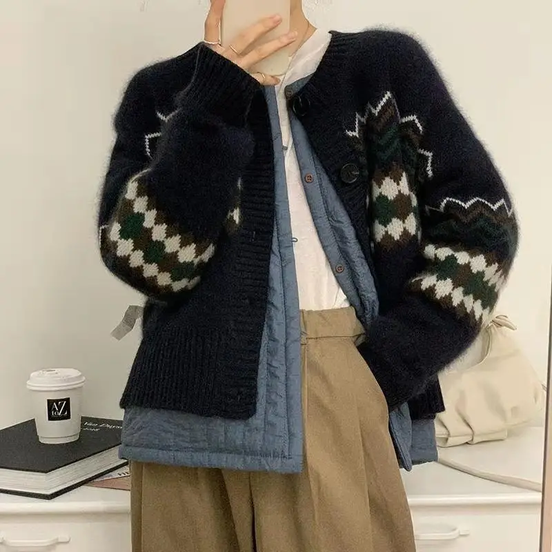 

Casual Navy Blue Cardigan For Woman Korean Fashion Sweater Vintage Women's Autumn Coat College Style Long Sleeve Knit Blouse