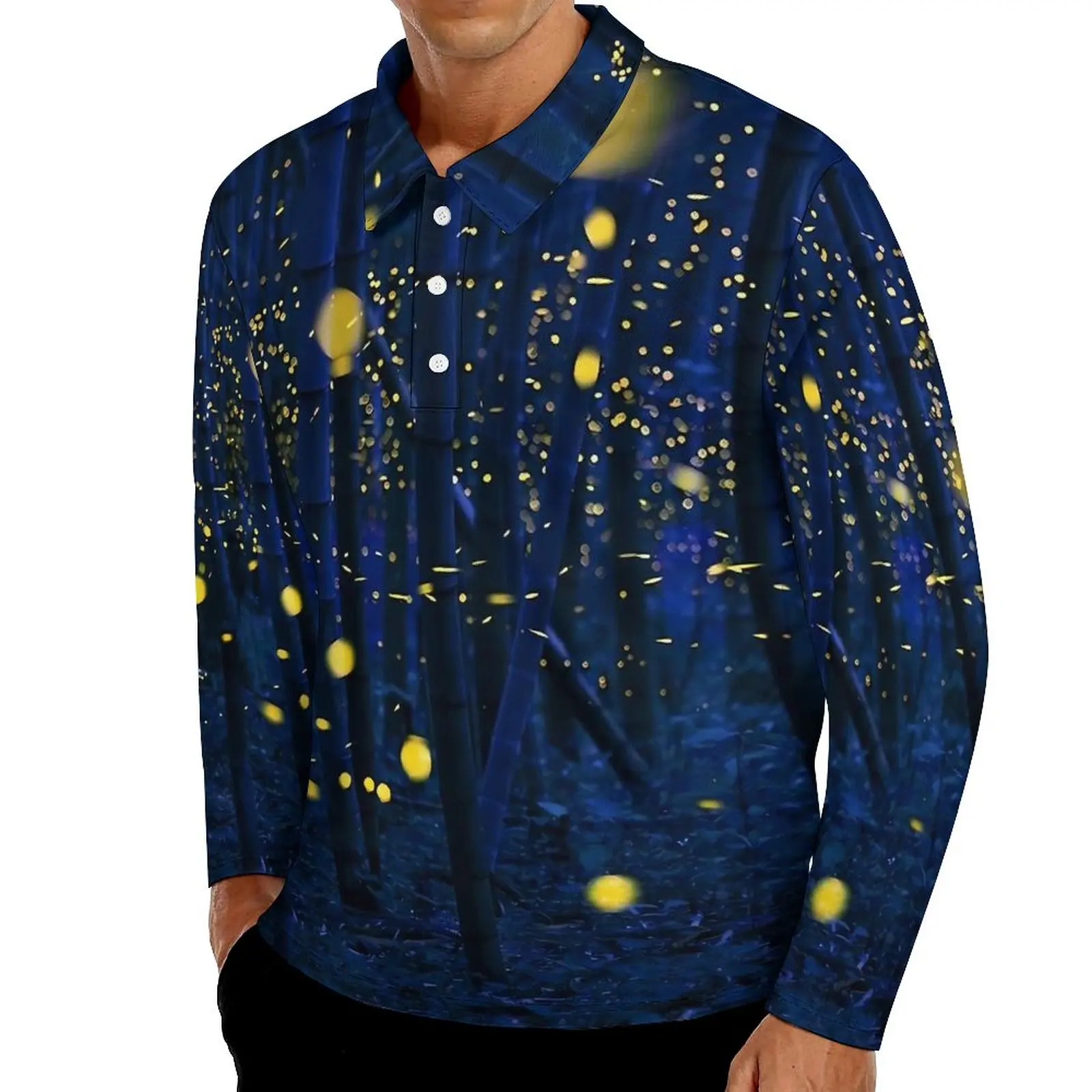 

Forest Print Casual Polo Shirts Fireflies T-Shirts Long Sleeve Custom Shirt Autumn Fashion Oversized Tops Birthday Present
