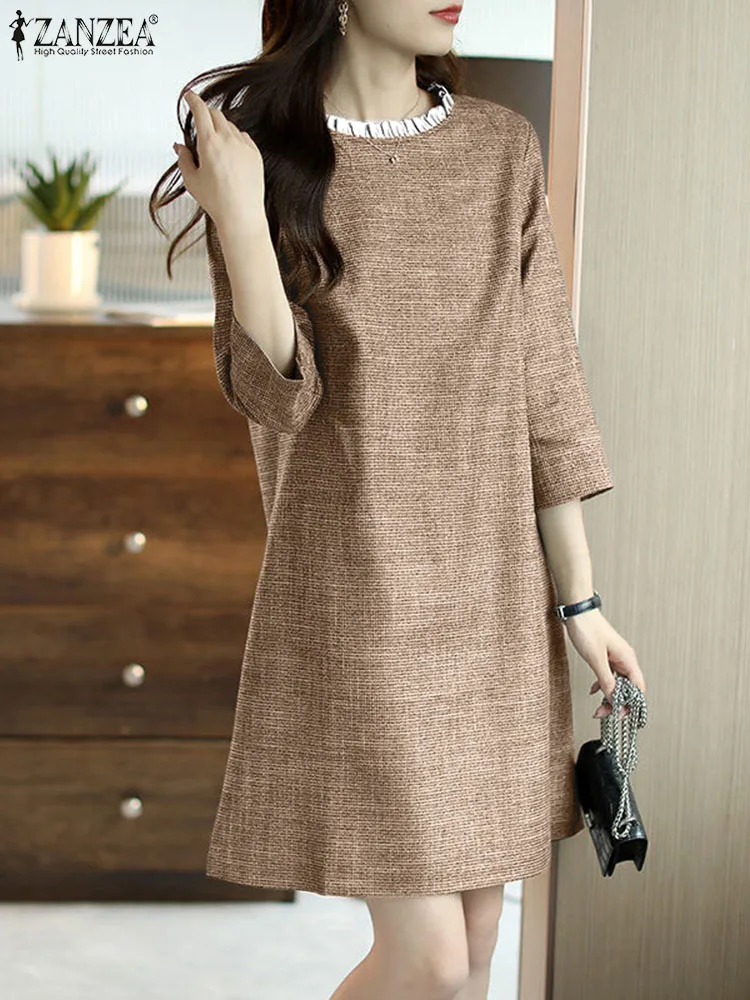 

Модный женский летний сарафан ZANZEA с рукавом 3/4, элегантное платье-рубашка до колен, Повседневное платье с оборками, женское платье для работы в стиле пэчворк