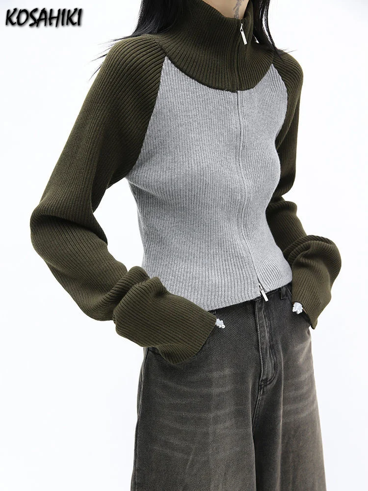 

Y2k Aesthetic High Collar Knitted Cardigan Zipper Up Sweater Coats Women Harajuku Streetwear Vintage Contrast Kardigan