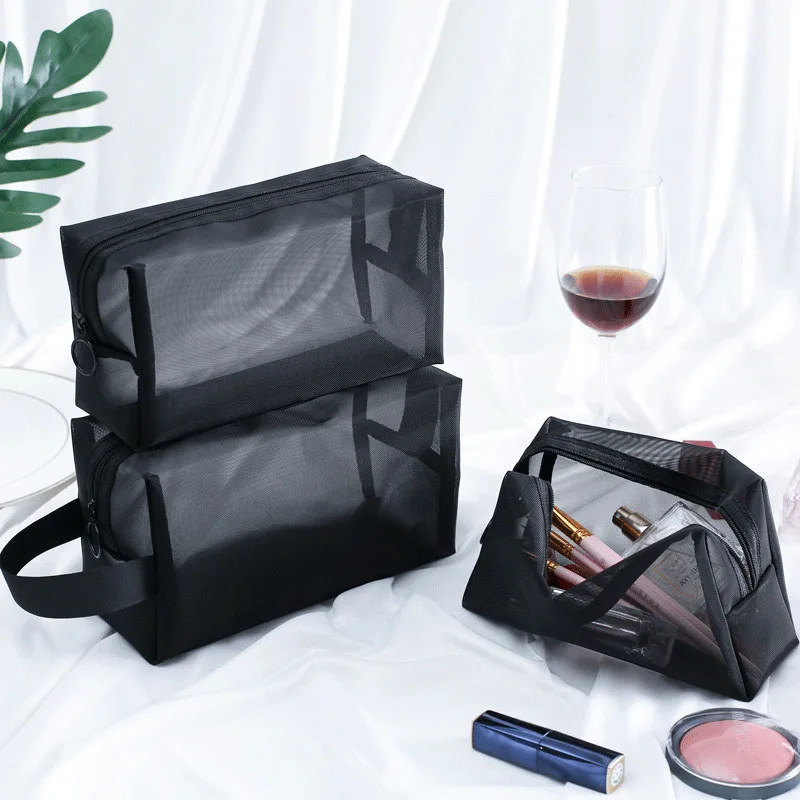 

Portable Mesh Cosmetic Bags Fashion Transparent Large Black Toiletry Bags Makeup Pouch Organizer for Travel Kitchen Storage Bags