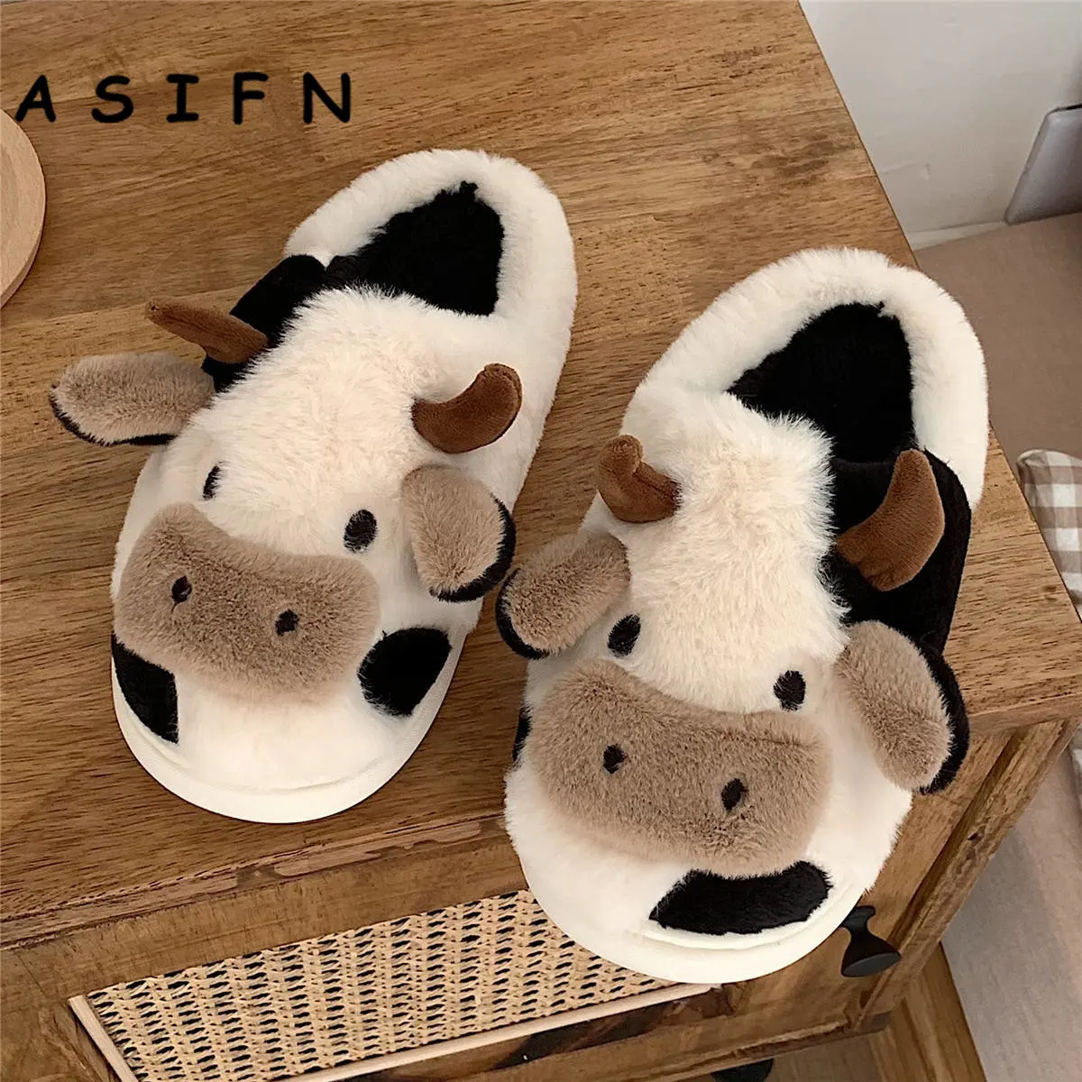 

ASIFN Cute Cow Slippers Women Girls Cushion Slides Kawaii Fluffy Winter Warm Slipper Flax Cartoon Milk Cow House Funny Shoes