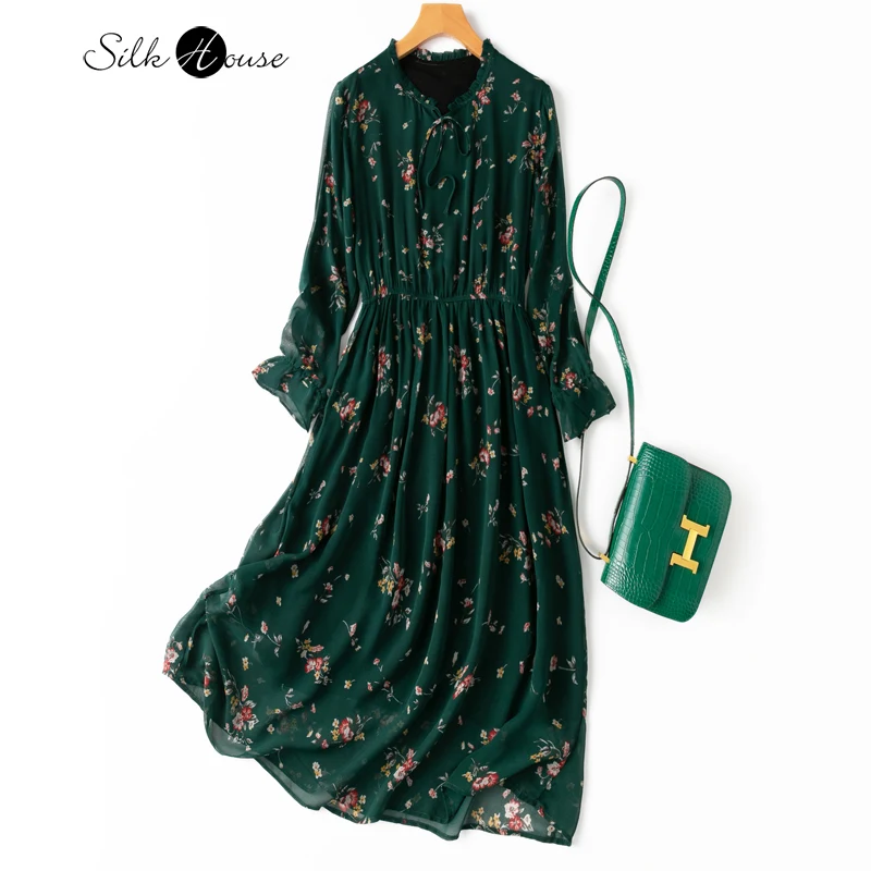 

Spring and Summer Fashion Natural Mulberry Silk Dress Elegant Small Broken Flowers Fungus Collar Forest Green Platycodon Skirt