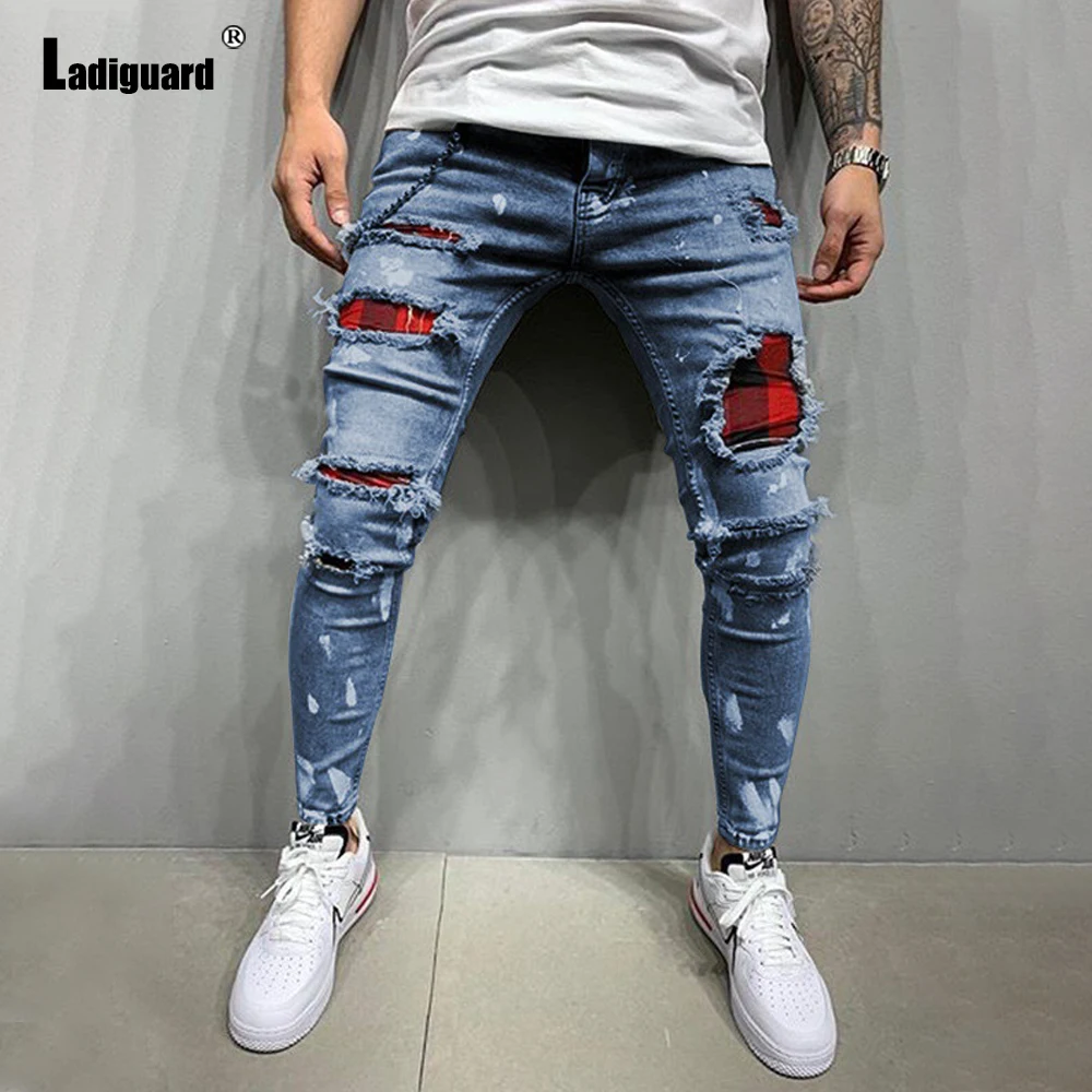 Plus Size Mens Demin Pants Jeans 2023 Summer Hole Ripped Pants Male Zipper Pockets Trouser New Patchwork Hip Hop Leisure Pant