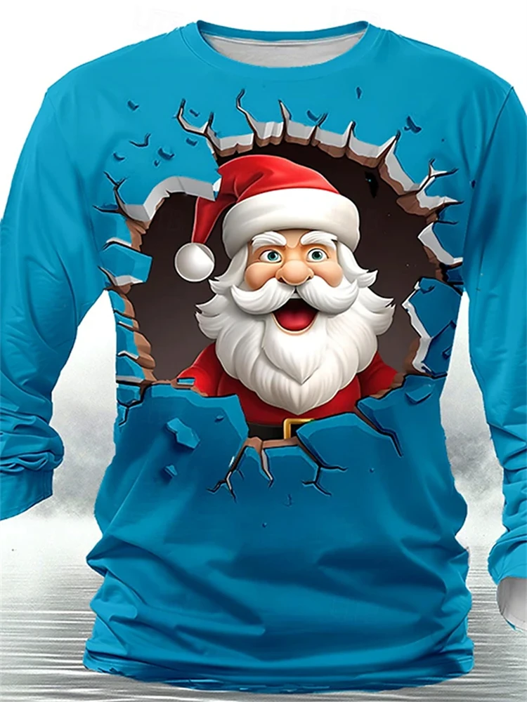 New Fun Christmas Long Sleeve T-Shirt Santa Claus Pattern Sweatshirt Men Role Play Pullover Boys Round Neck Polyester