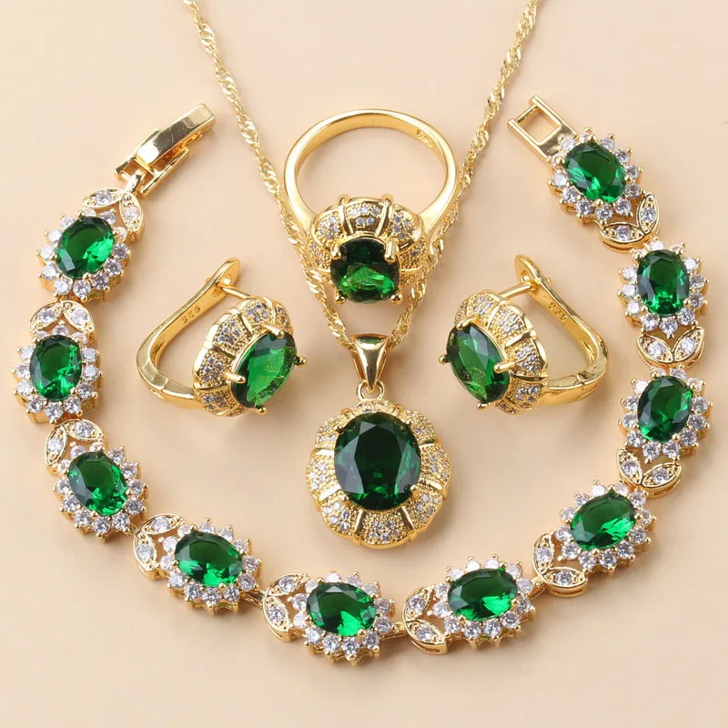 

11.11 Hot Sale Clip Earrings And Necklace Green CZ Jewelry Sets With 925 Mark Gold Color Luxurious Wedding Accessories For Women