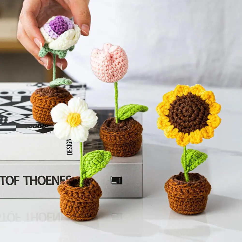 

Hand-knitted Flower Ornament Crochet Flowers Potted Homemade Decoration Knitting Rose Hand Potted Home Plants Sunflower Tui Y5n0