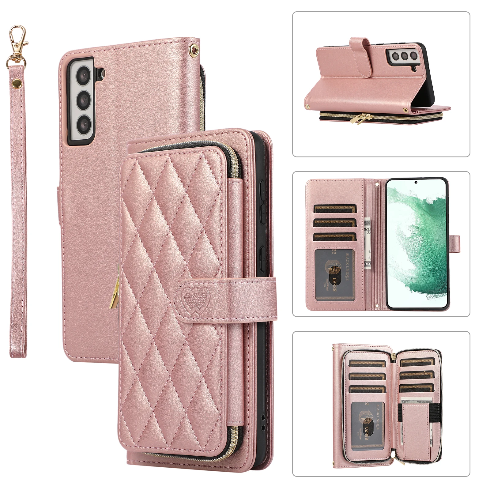 

Cards Bag Zipper Wallet Purse Pocket Leather Case For Samsung Galaxy S23 Ultra S22 Plus S21 FE A14 A54 A34 A53 A73 Strap Cover