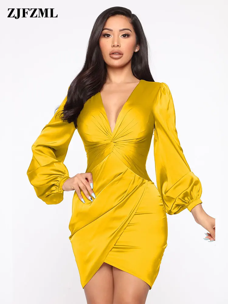 

Женское атласное платье с разрезом спереди, элегантное модное винтажное платье с длинным рукавом-фонариком, эластичное облегающее платье н...