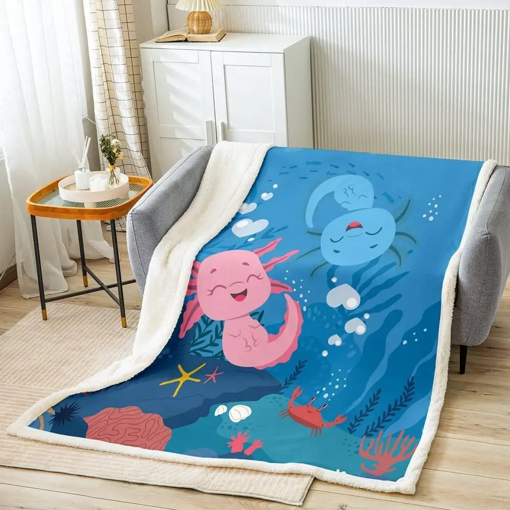 

Детское Флисовое одеяло с мультяшным саламандером, милое одеяло из шерпы Axolotl для украшения океана, морское плюшевое одеяло, подарок для