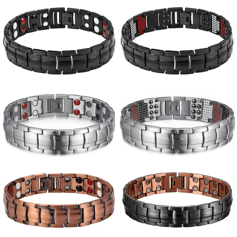 

Double Row Strong Magnetic Therapy Bracelet Mens Fashion Black Gun Plated 4 in 1 Bio Elements Magnetic Healing Energy Bracelets