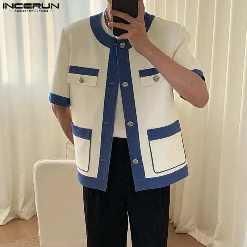 

INCERUN 2023 Men Shirt Patchwork O-neck Short Sleeve Elegant Fashion Casual Shirts Streetwear Pockets Button Men Clothing S-5XL