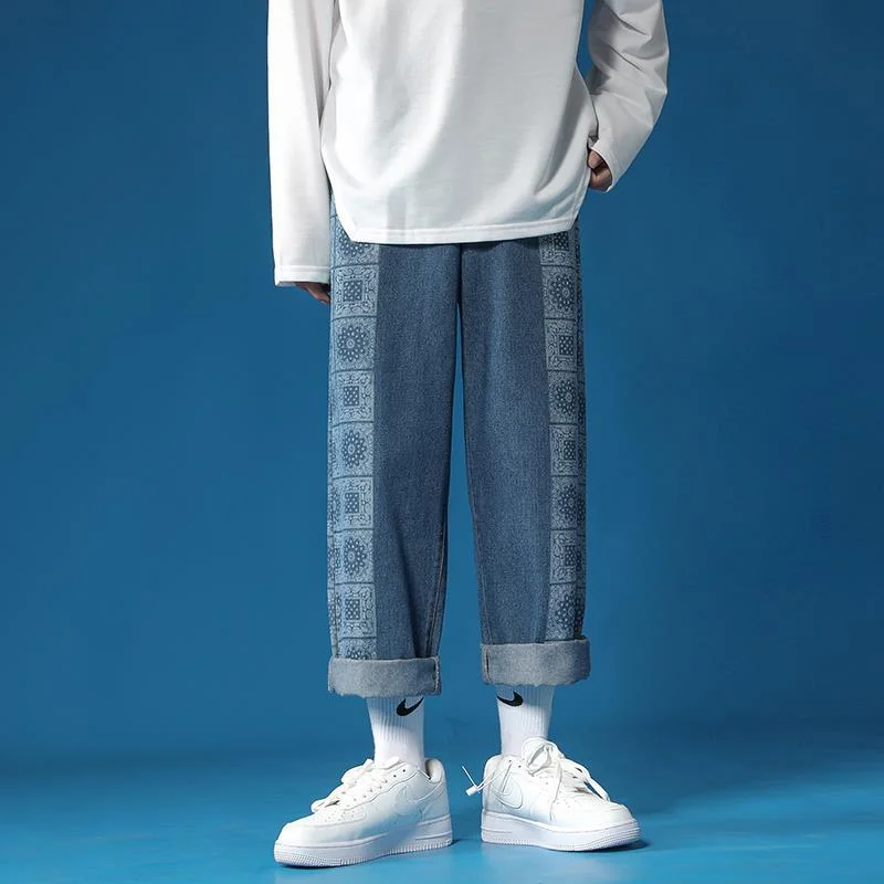 DEEPTOWN Printed Straight Jeans Men Fashion Loose Denim Pants Retro Casual Trousers Male Streetwear Hip Hop Korean Style Spring