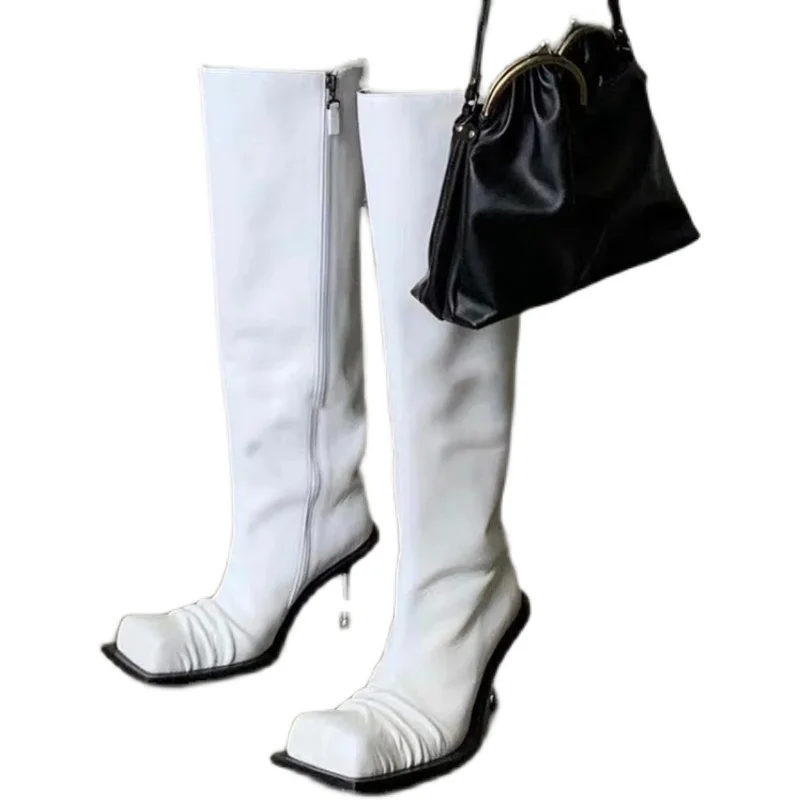 

2022 Gladiator Shoes Women White Zipper Leather Square Toe Booties Fashion Female Knee High Strange Style Thin Heel Martin Boots