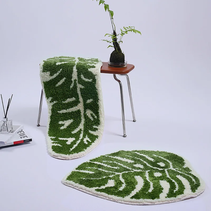 

Tufted Bedside Rug Green Leaf Shape Soft Microfiber Living Room Carpet Non-slip Absorbent Bath Floor Mat Washstand Doormat