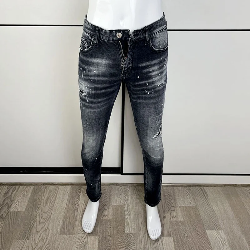 Street Fashion Men Jeans Retro Black Gray Elastic Slim Ripped Jeans Men High Quality Brand Designer Vintage Denim Pants Hombre