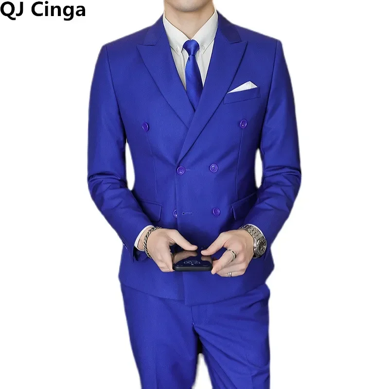 Мужской костюм из трех предметов темно-синий двубортный пиджак и брюки жилет