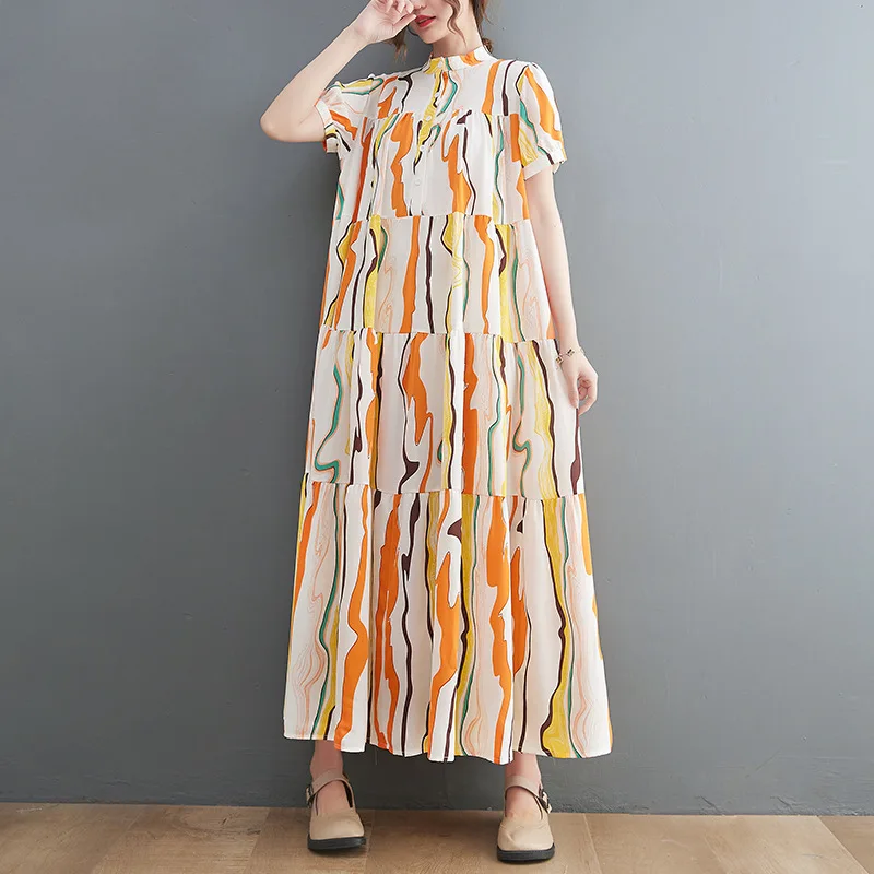 

Ladies Print Casual Dress Women Korean 2022 Summer New Medium Long Fashion Loose O-neck Short Sleeve Thin Western Style Harajuku