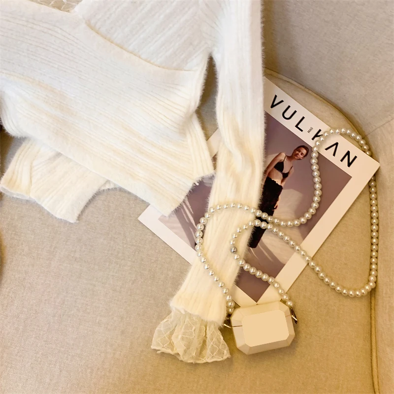 Женский кружевной свитер Bomon Однотонный с кружевными расклешенными рукавами