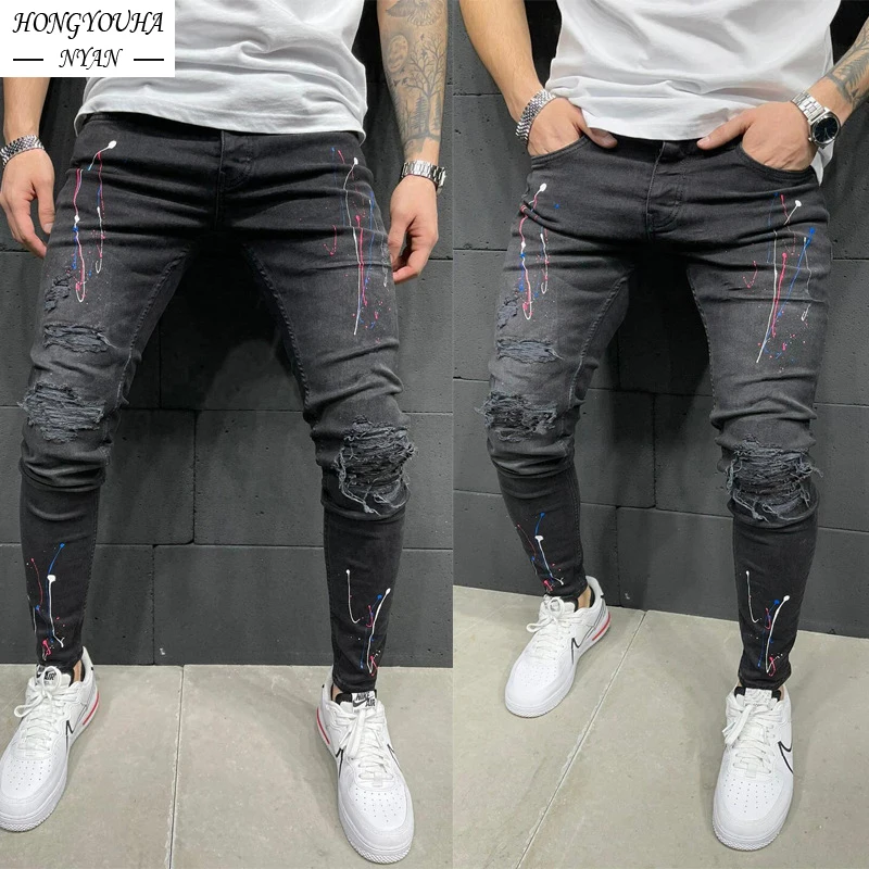 Men's Casual Jeans Print Paneled Ripped Holes Jeans Male Slim Skinny Cowboy Trousers Fashion Spring Autumn Man Street Clothes