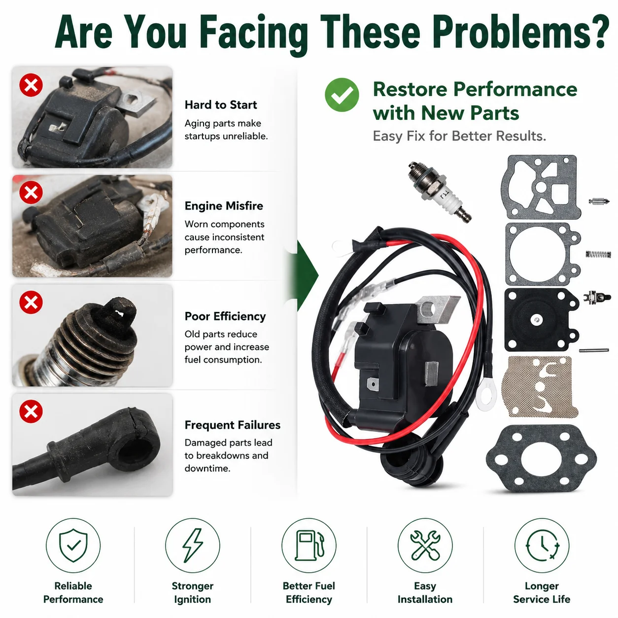 Фото Комплект катушек зажигания + свеча зажигания + прокладка + ремонтный комплект карбюратора для Stihl MS250 MS230 MS210 025 023 021, замена WT-286, запчасти для бензопилы №5