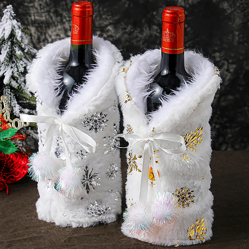 

Christmas Red Wine Bottle Covers Set White Plush Fabrics Santa Claus Champagne Bottle Cover Xmas Party Dinner Table Home Decor