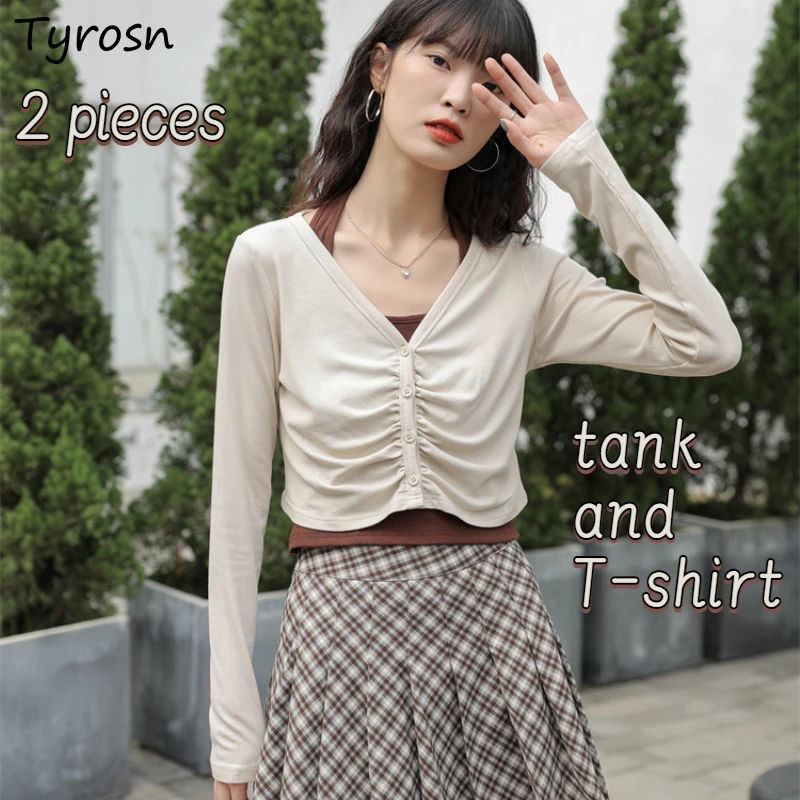 

T-shirts Sets Women Folds Neck-mounted Tanks Fashion Design Simple All-match Ulzzang Ladies Leisure Pure Basic Spring Clothes