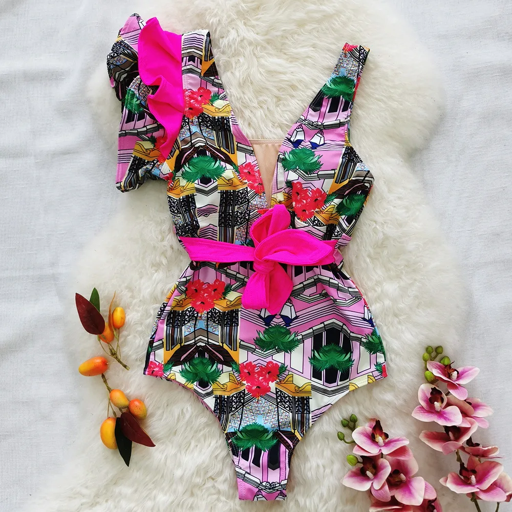 

Треугольный слитный купальник, женский купальник с принтом, оборками и открытой спиной