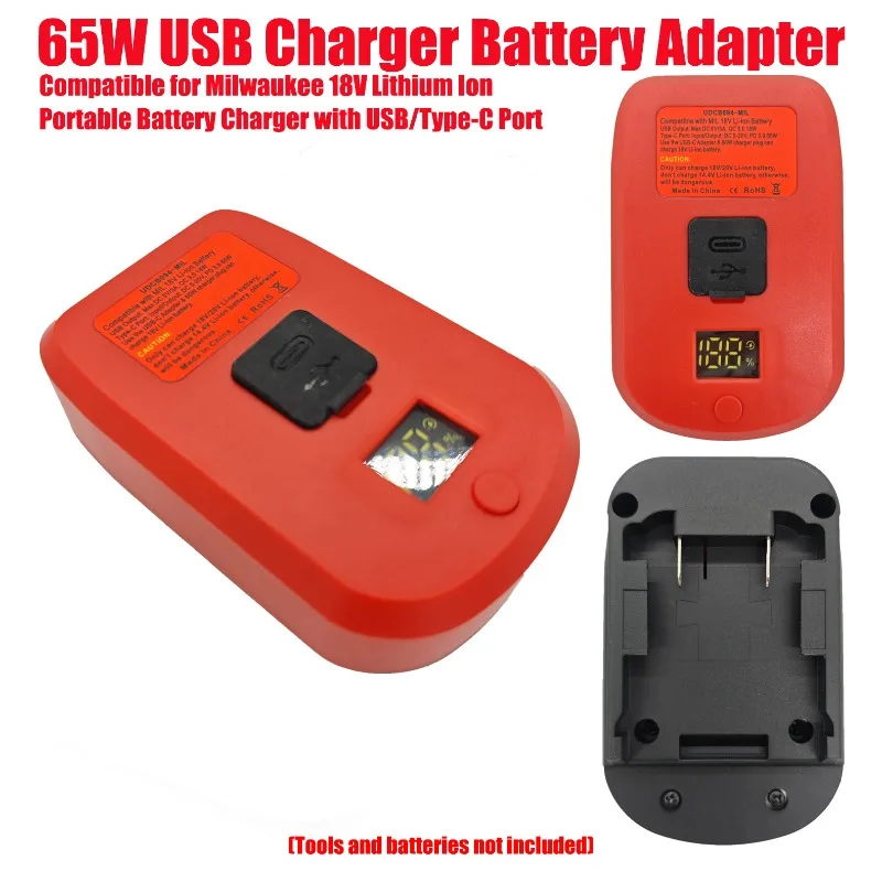 Фото Зарядное устройство HAKSINKY 65W USB, совместимое с литий-ионными аккумуляторами Milwaukee 18V, портативное зарядное устройство с портами USB/Type-C №1