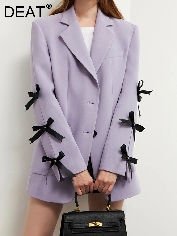 

Женский блейзер с отложным воротником DEAT, свободный однобортный пиджак фиолетового цвета с длинным рукавом и отрезным бантом, весна 2023