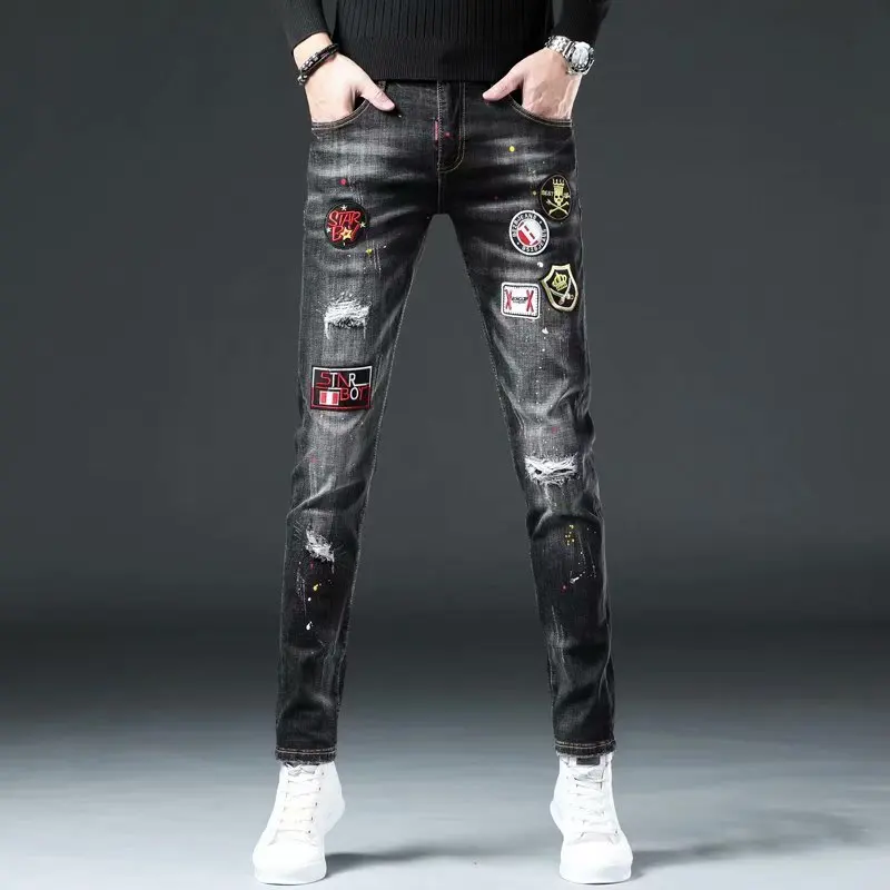 

2022 New Ripped Slim Jeans Men's Pants biker Jean stretch badge hole embroidery style mens jeans Fashion y2k man Patchwork Pants